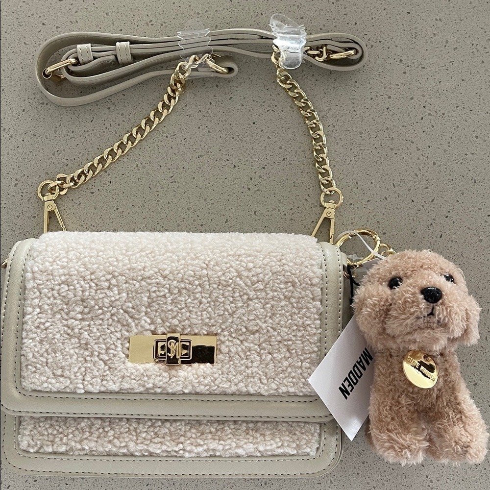 Steve Madden Vanilla Bnora Sherpa Box Crossbody Bag‎ Dog Charm NWT